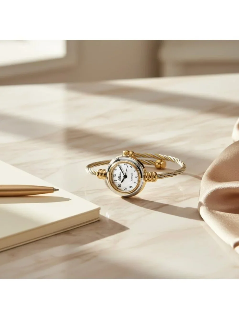 Women's Silver And Gold Analog Elegant Cable Cuff Arabic Numbers Bracelet Watch